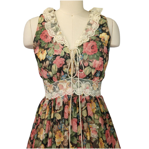 Gunne Sax Black Floral Corset Maxi Dress Size 13 Vintage 70s Prairie Roses Lace - Picture 4 of 15
